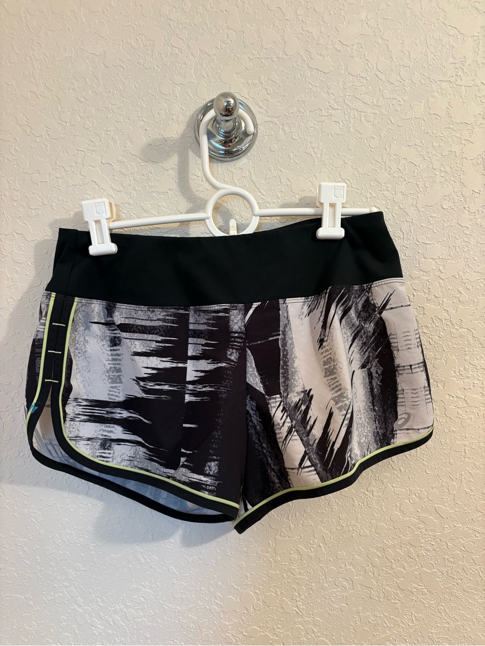 Asics Women's Black & White Abstract Athletic Shorts with Lime Accent